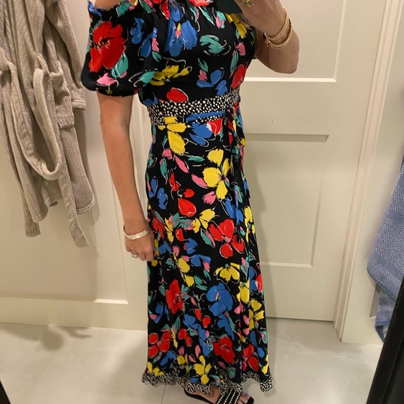 Rixo Target Floral Off Shoulder Puff Sleeve Dress Black Multicolor - Picture 4 of 10